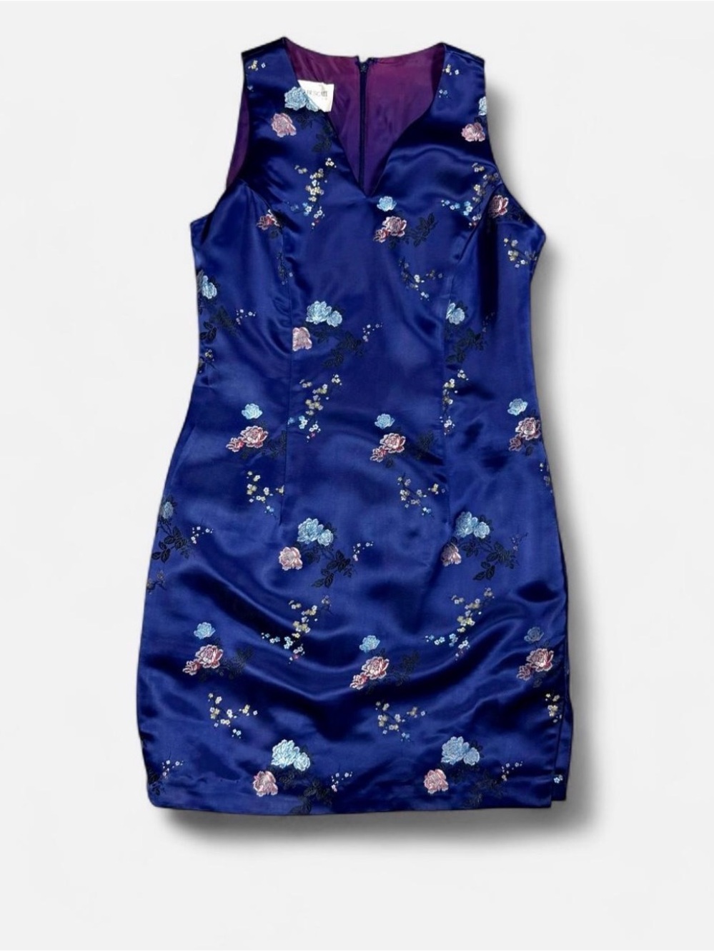 Vintage Hugo Buscati Royal Blue Floral Satin Mini Dress